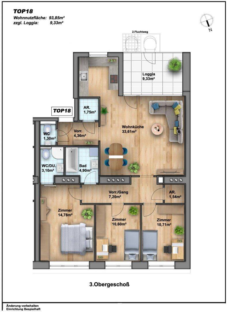 Detaillierter Grundriss der Wohnung TOP18 mit drei Zimmern, Bad, WC und Loggia.