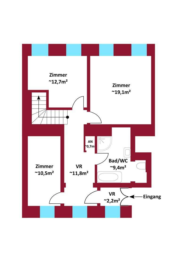 Grundrissplan mit drei Zimmern, einem Badezimmer mit WC und einem Vorraum, inklusive Treppenaufgang.