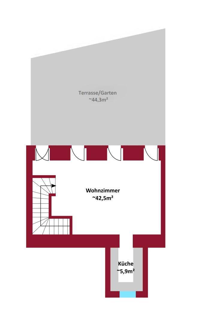 Grundrissplan mit Wohnzimmer, separater Küche und einer großen Terrasse mit Gartenbereich.