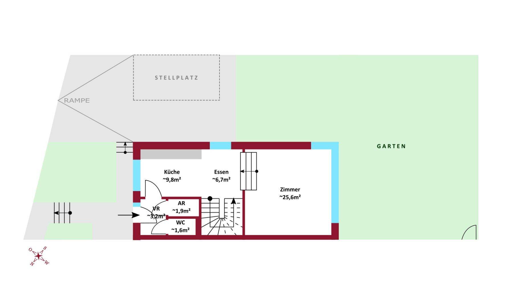Grundriss des Erdgeschosses mit Küche, Essbereich, Zimmer und Zugang zum Garten.