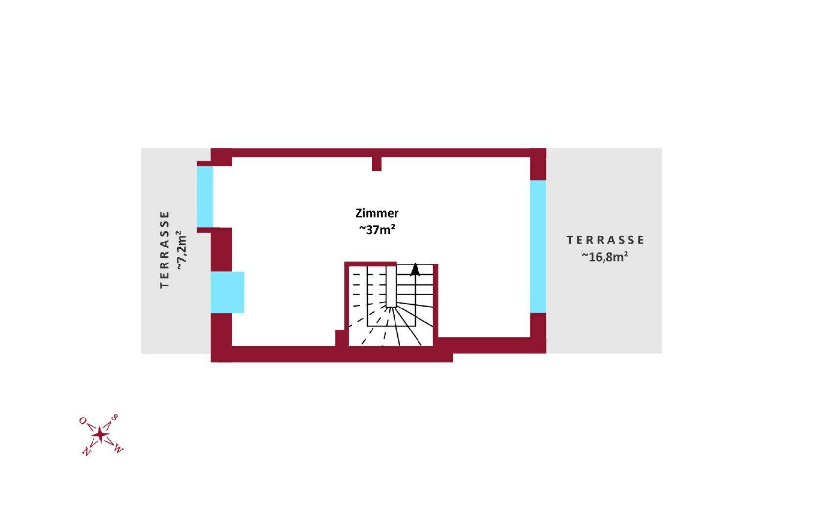Grundriss des Dachgeschosses mit einem großen Zimmer und zwei Terrassenbereichen.