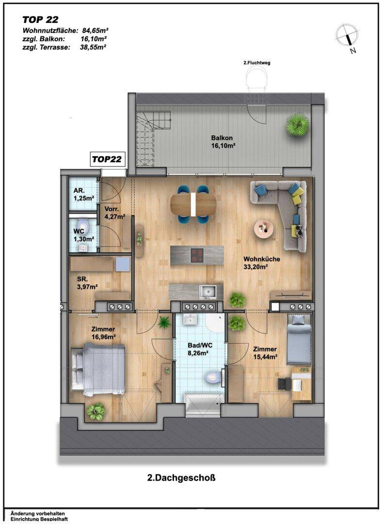 Detaillierter Grundriss der Wohnung TOP 22 mit Wohnküche, zwei Zimmern, Bad und Balkon.