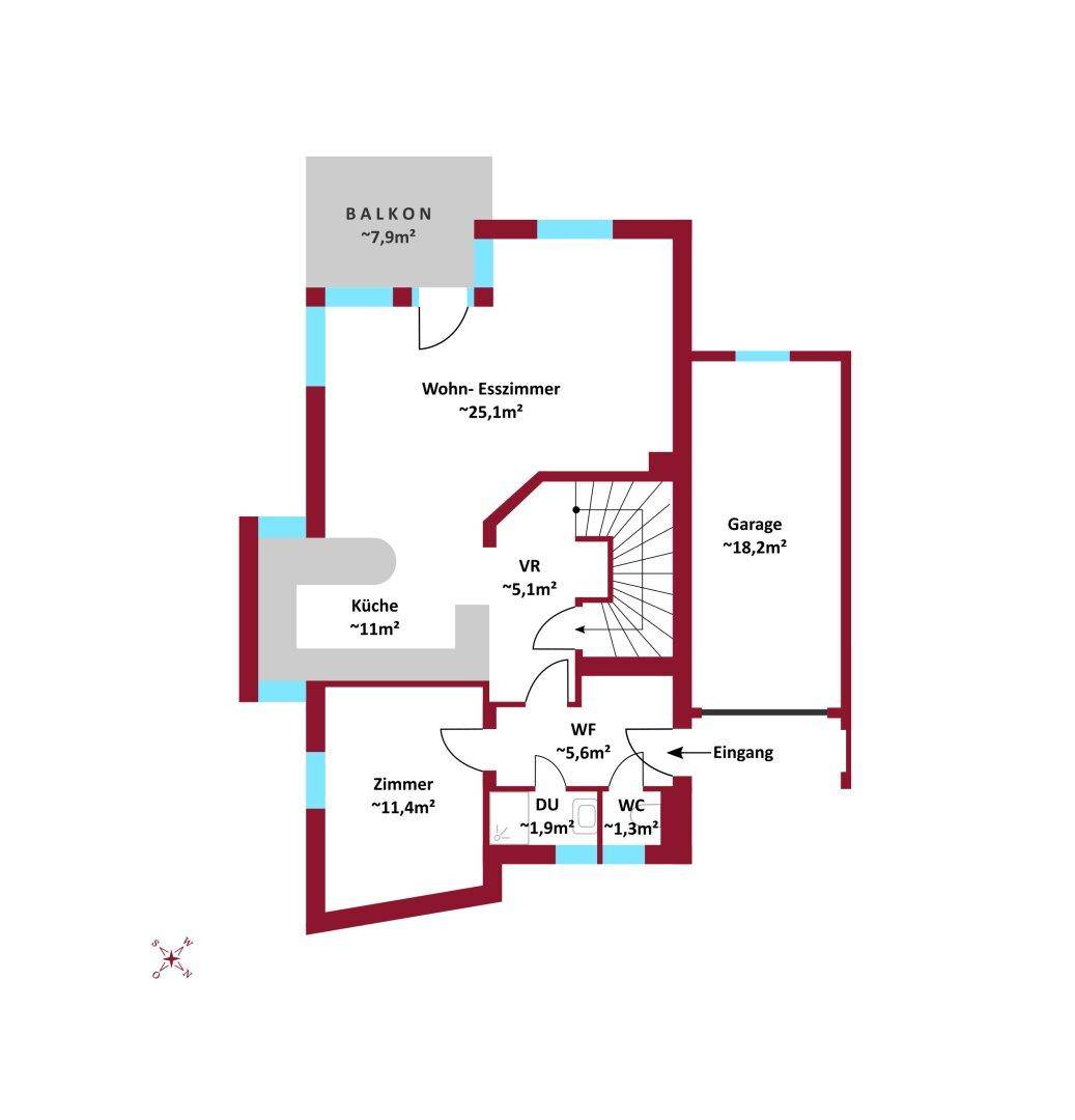 Grundriss des Erdgeschosses mit Wohn-Esszimmer, Küche, Zimmer und Garage.
