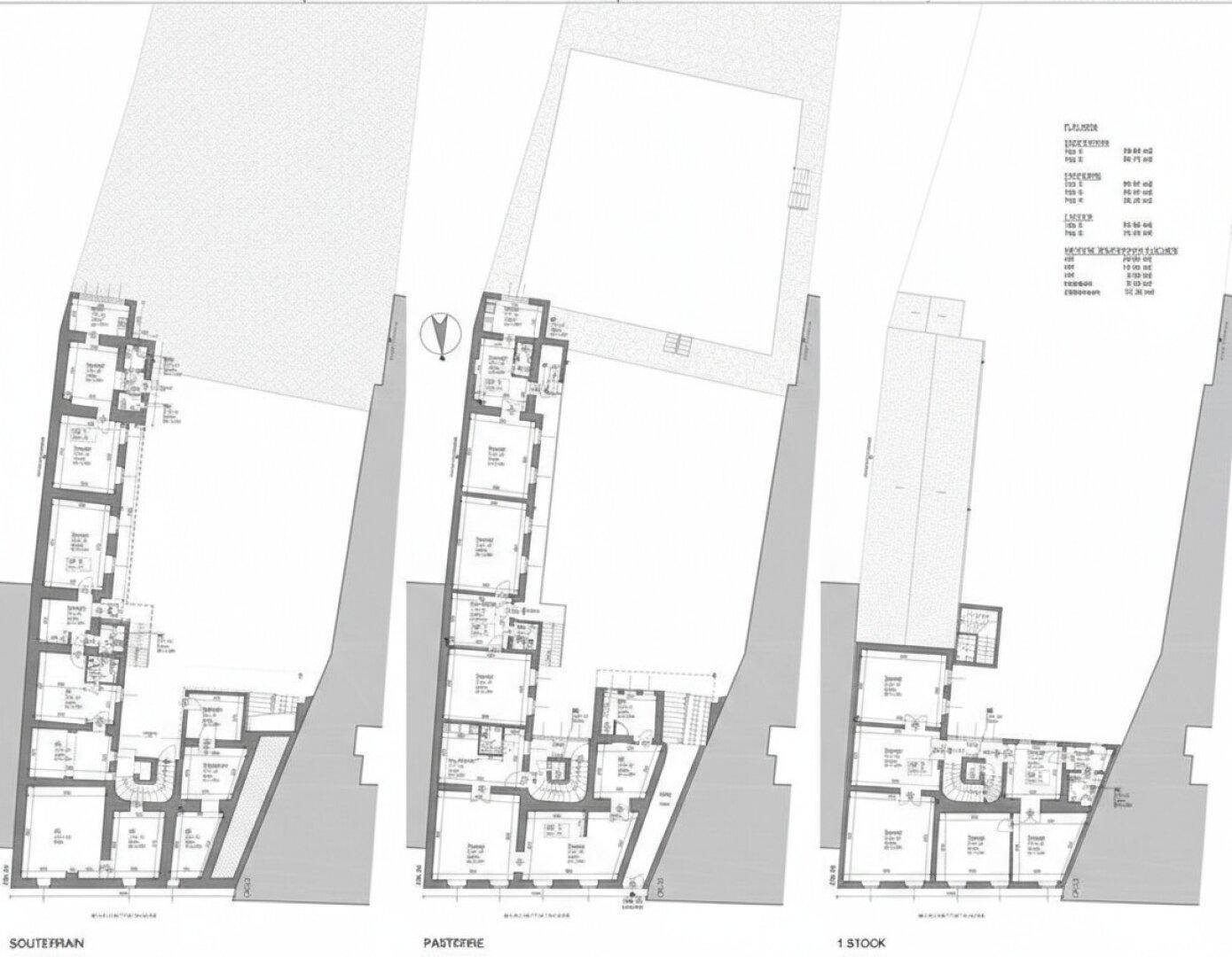 Grundrisspläne für Souterrain, Parterre und den ersten Stock des Gebäudes.