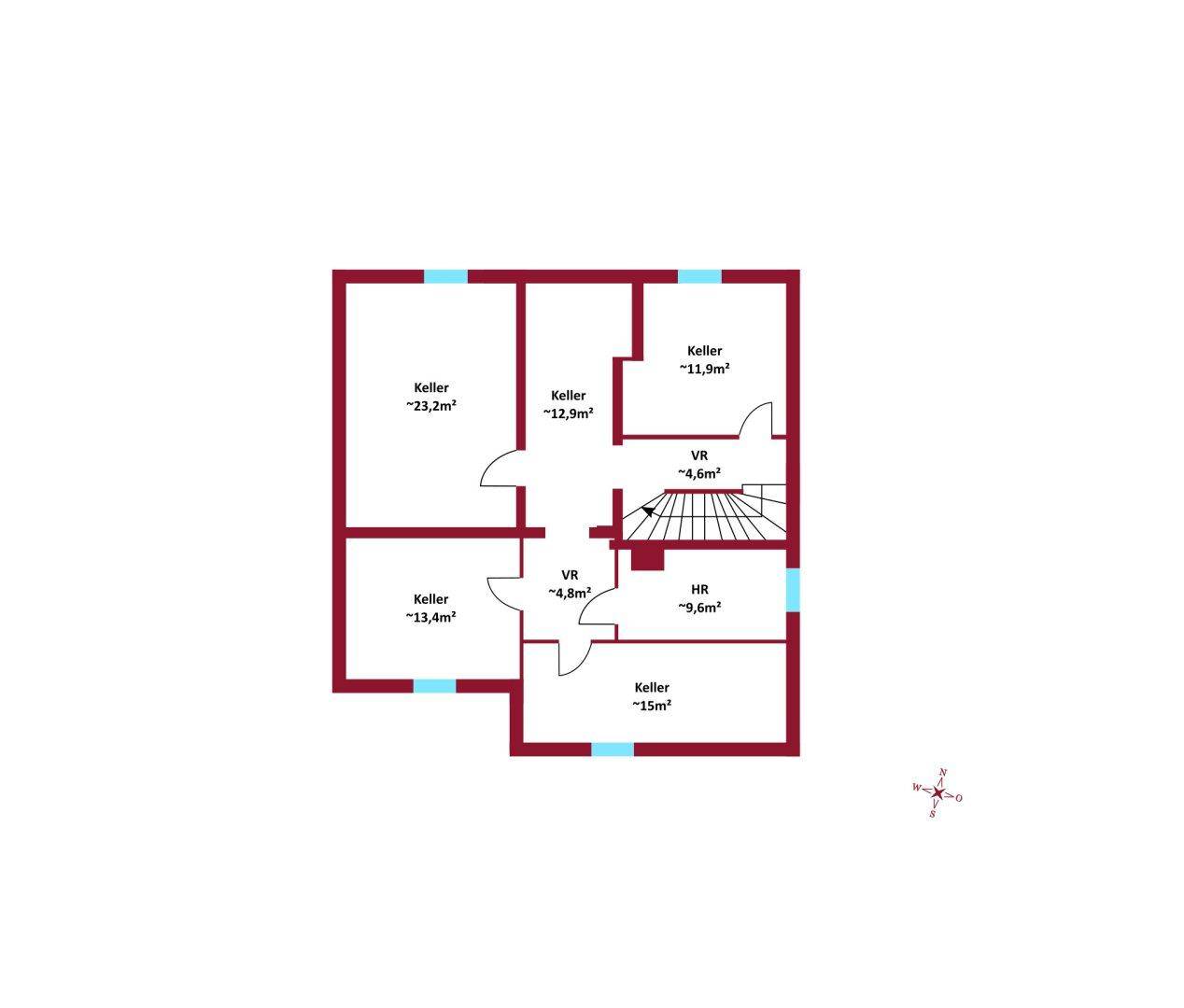 Grundriss des Kellergeschosses mit mehreren Kellerräumen und Vorratsbereichen.