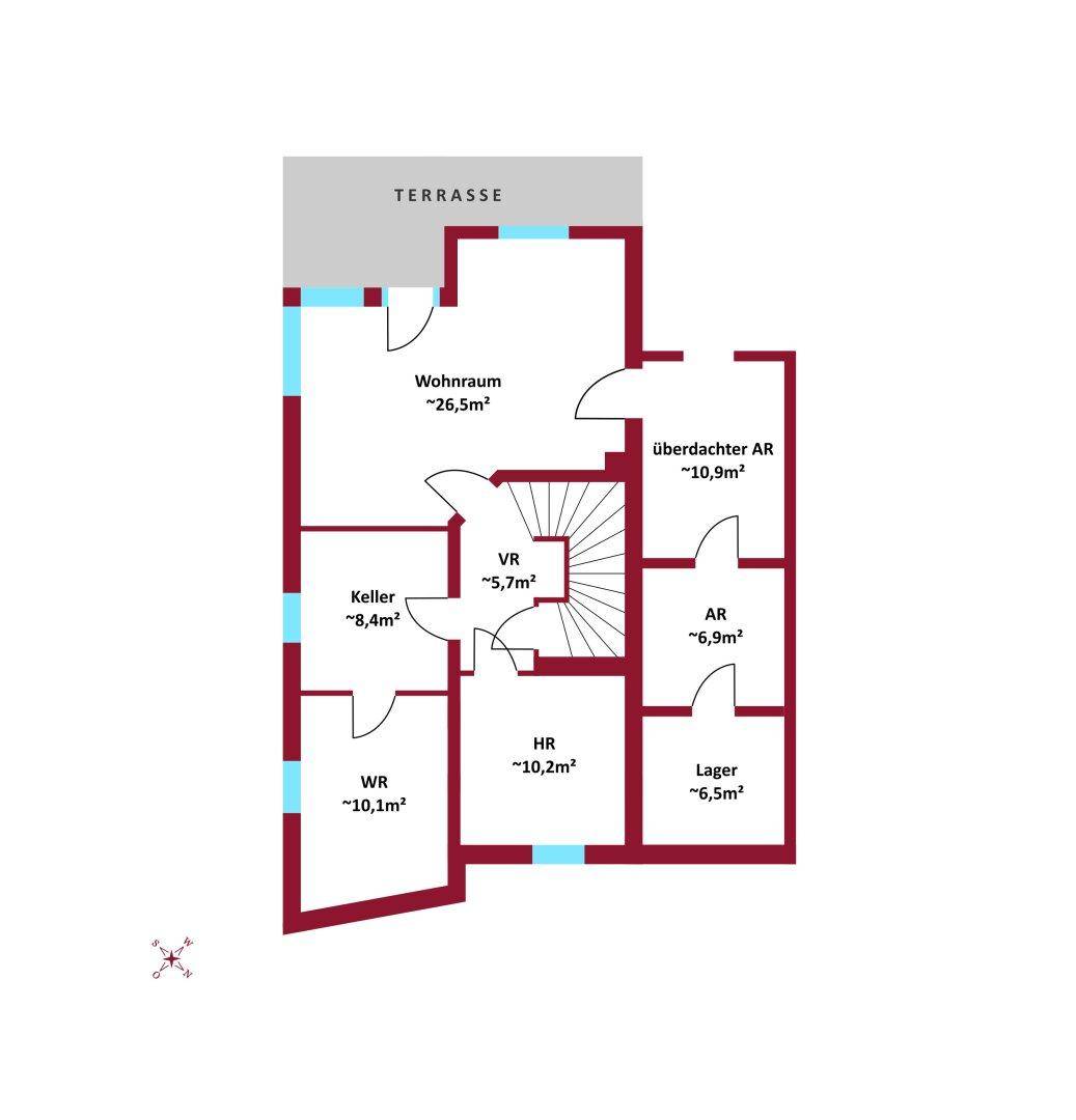 Grundriss des Untergeschosses mit Wohnraum, Keller, Lager und überdachtem Bereich.
