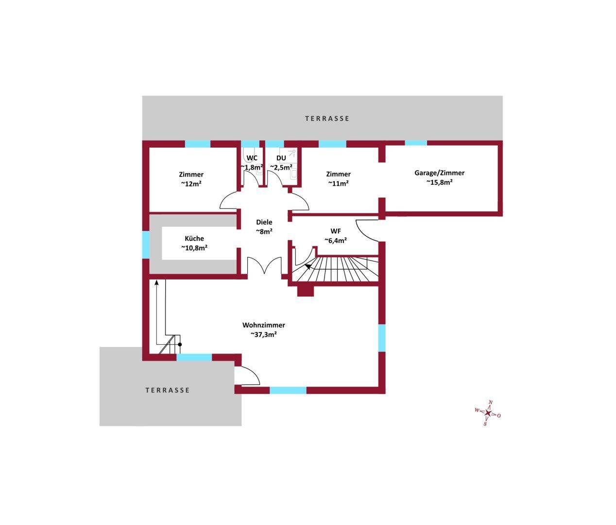 Detaillierter Grundrissplan eines Hauses mit separater Küche, Wohnzimmer, mehreren Schlafzimmern, zwei Terrassen und einer Garage.