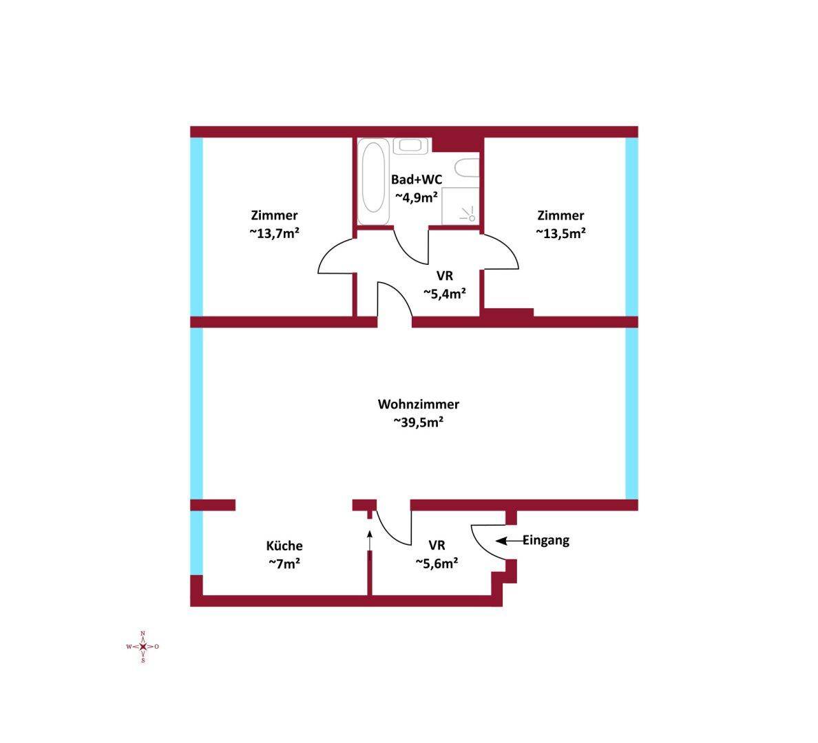 Grundriss der Wohnung mit Wohnzimmer, Küche, Bad und zwei weiteren Zimmern.
