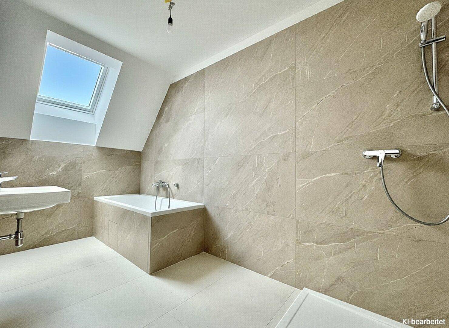 Modernes Badezimmer mit beigefarbenen Fliesen, Badewanne, Dusche und natürlichem Licht durch Dachfenster.