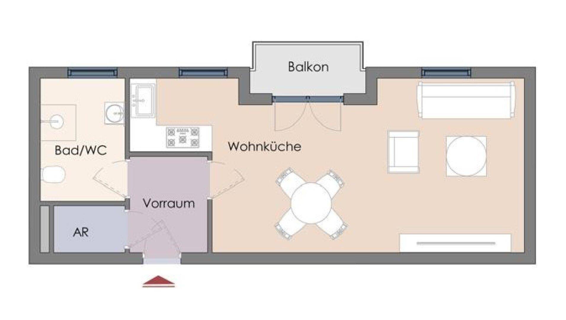 Grundriss einer länglichen Wohnung mit Wohnküche, Bad und Balkon.