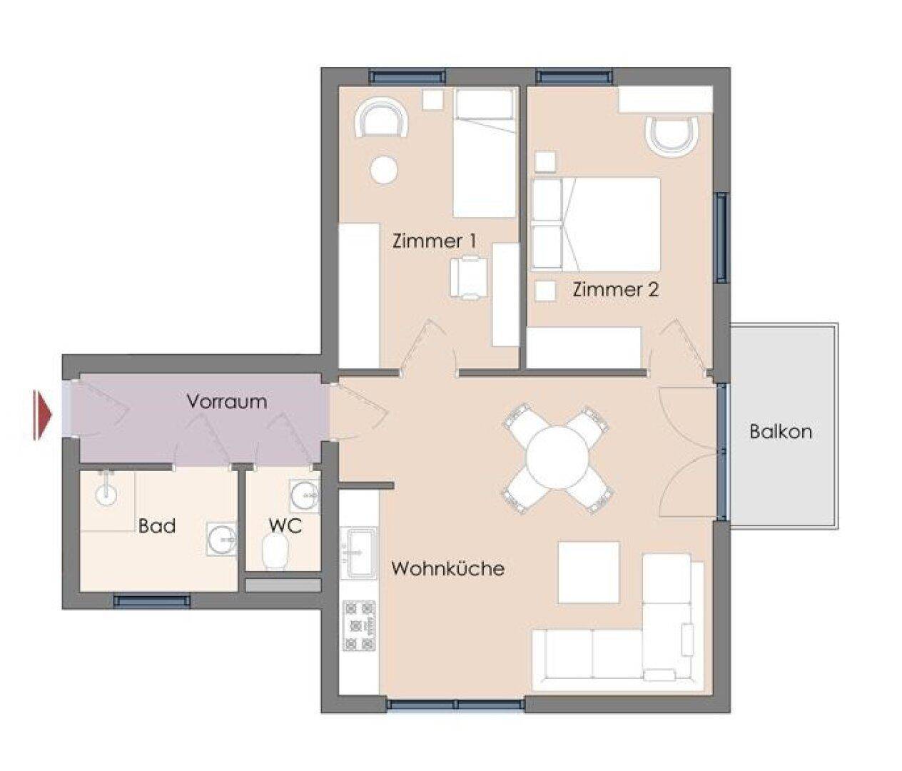 Grundriss einer Wohnung mit zwei Schlafzimmern, Wohnküche, Bad und Balkon.