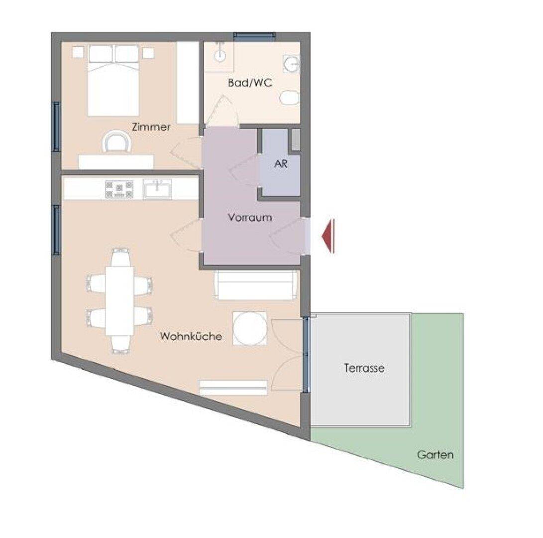 Funktionaler Grundriss einer Wohnung mit Schlafzimmer, offenem Wohnküchenbereich und direktem Zugang zu Terrasse und Garten.