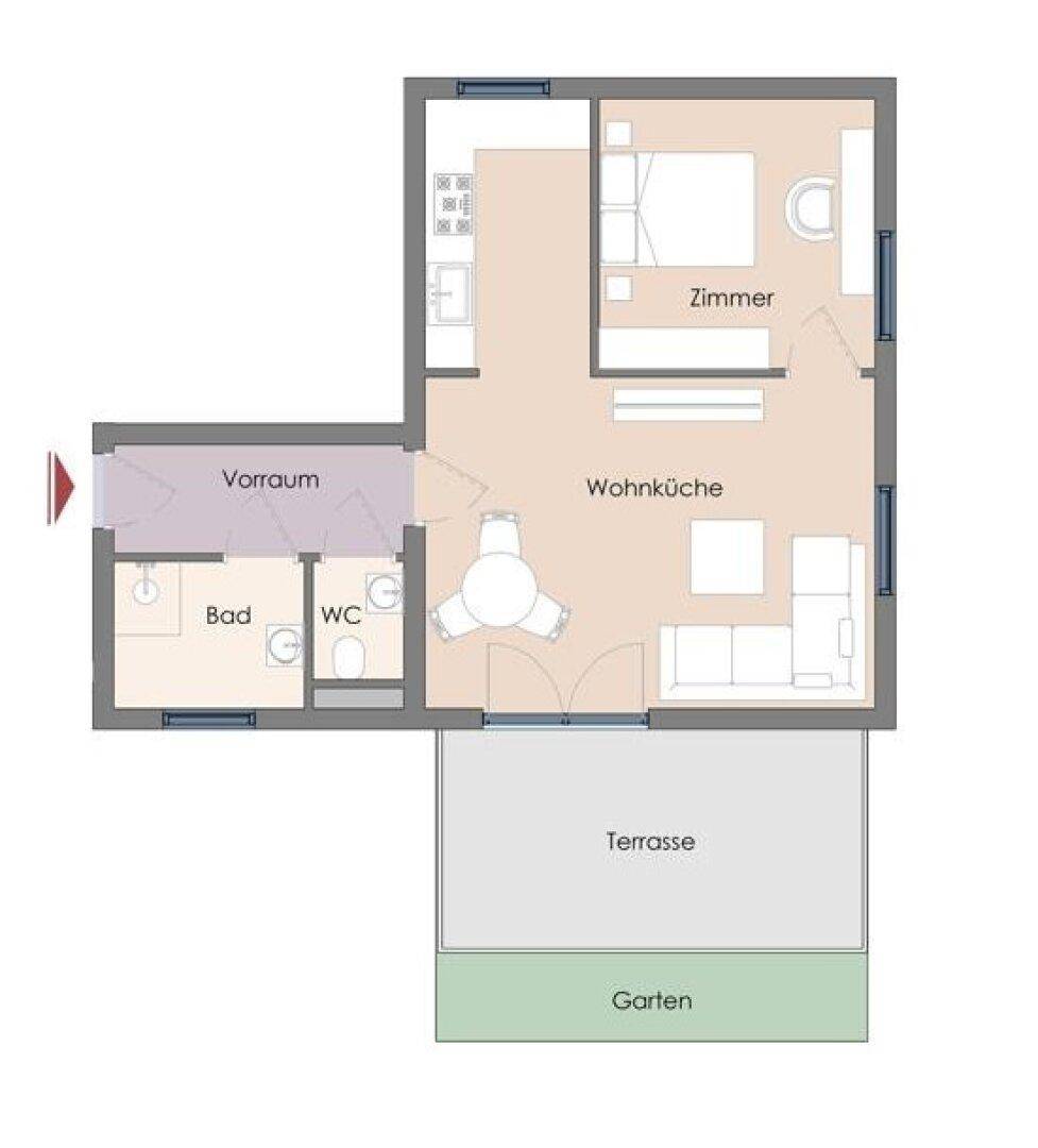 Grundriss einer Wohnung mit offener Wohnküche, separatem Bad und WC, Schlafzimmer, Terrasse und Garten.