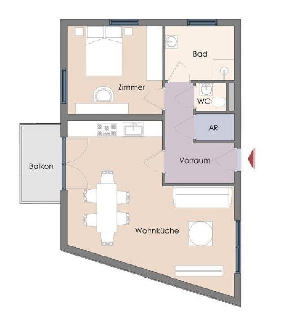 Grundriss einer Wohnung mit offener Wohnküche, Schlafzimmer, Bad, separatem WC und Balkon.