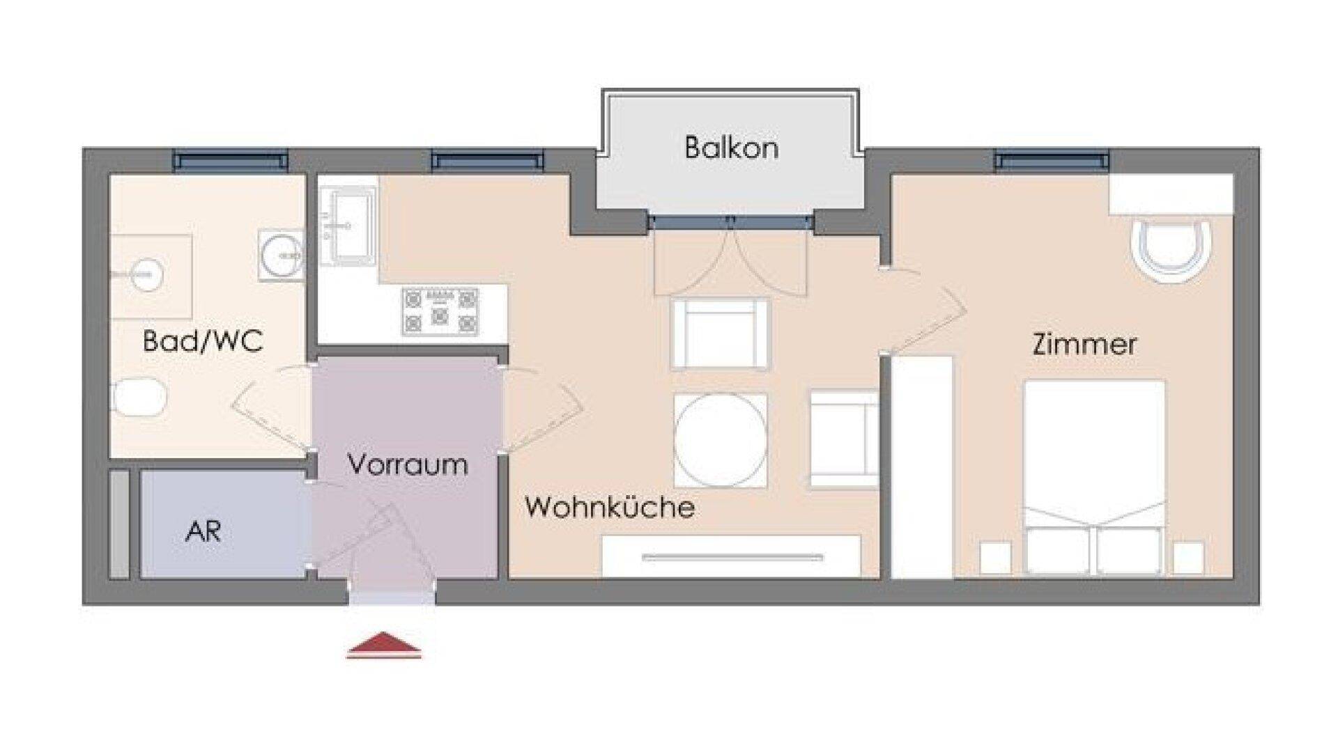 Grundriss einer Wohnung mit offener Wohnküche, Schlafzimmer, Bad und Balkon.