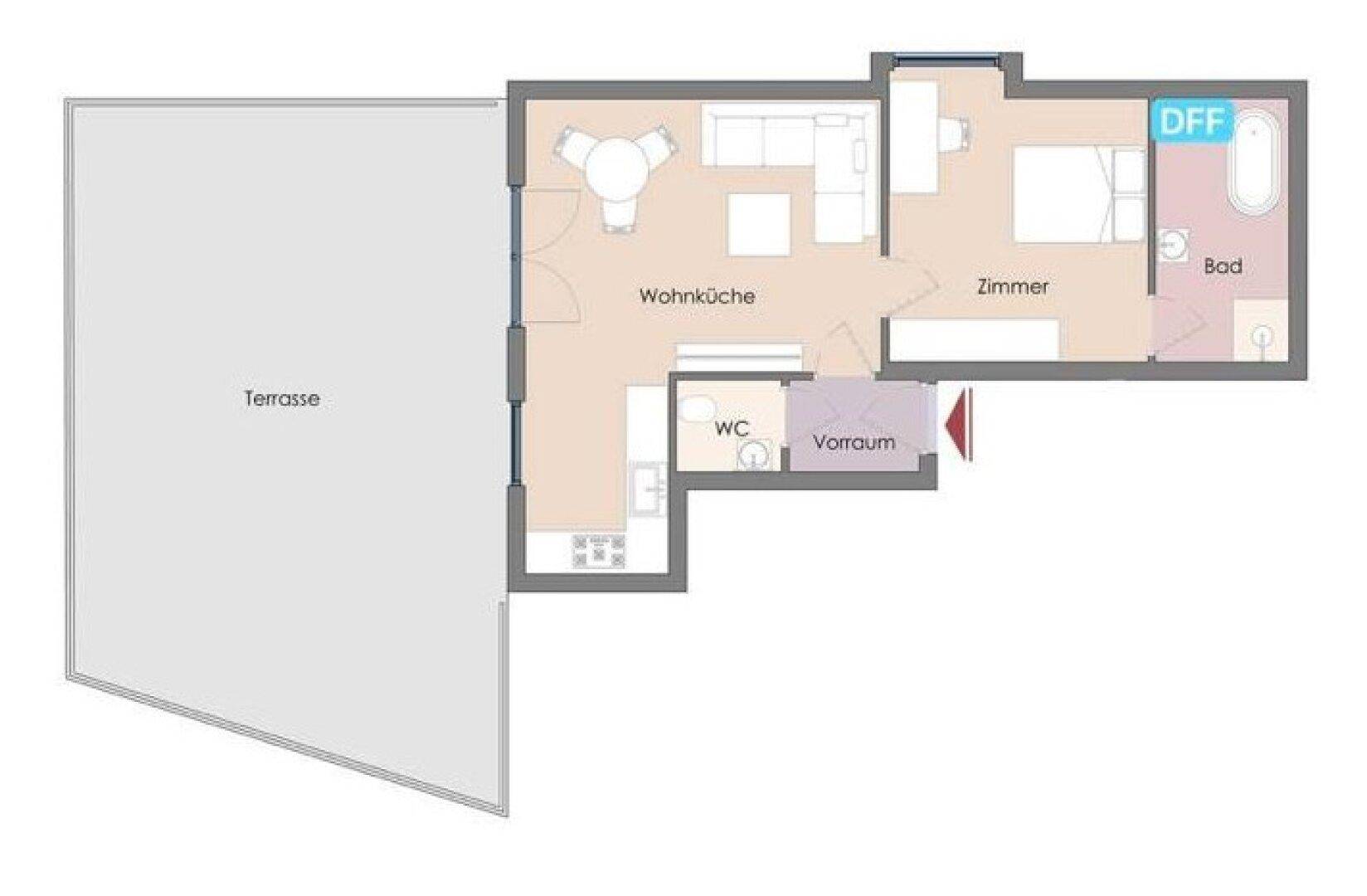 Funktionaler Grundriss mit offener Wohnküche, Bad, separatem WC und direktem Zugang zur Terrasse.
