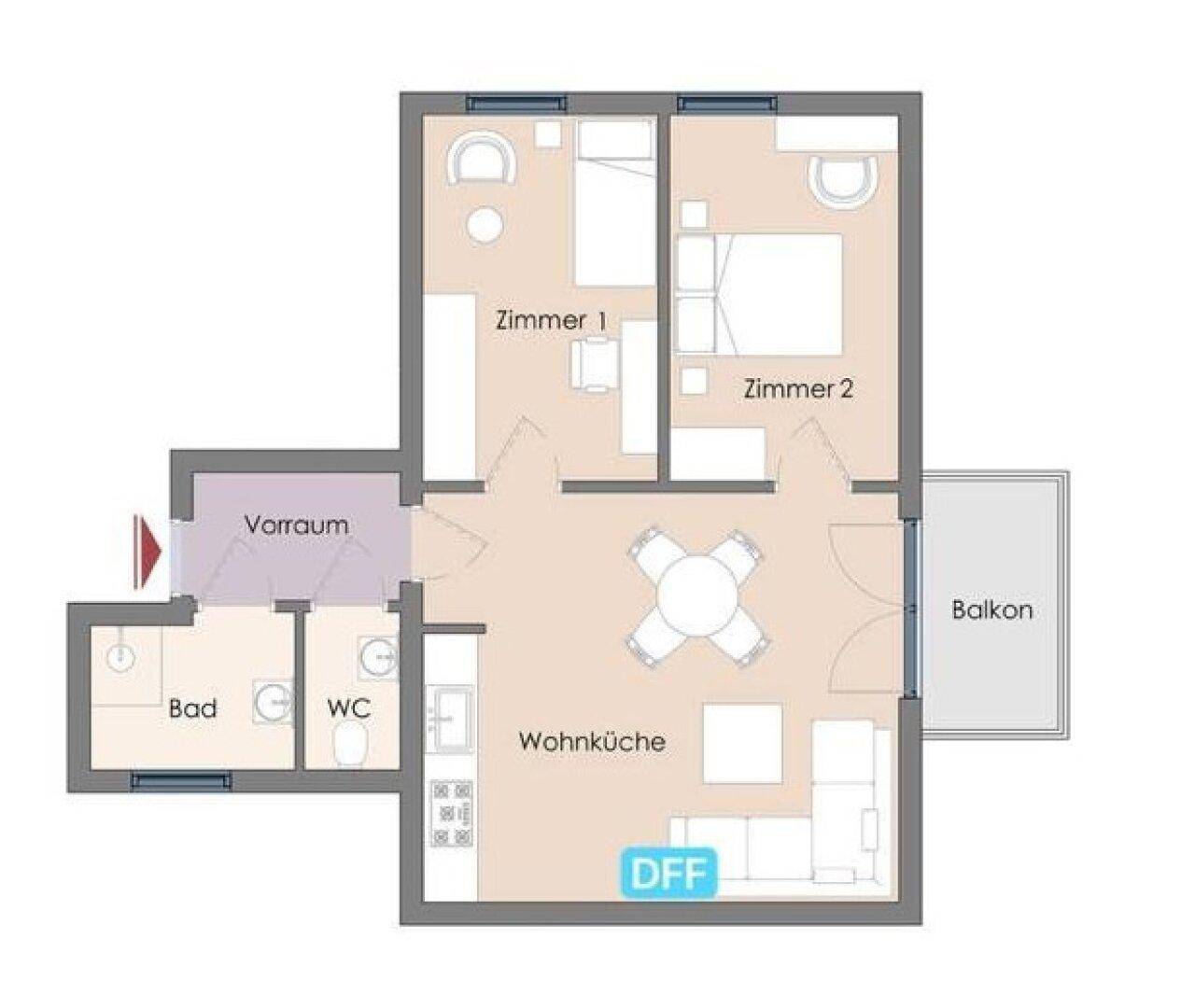 Grundriss einer Wohnung mit zwei Schlafzimmern, offener Wohnküche und einem Balkon.