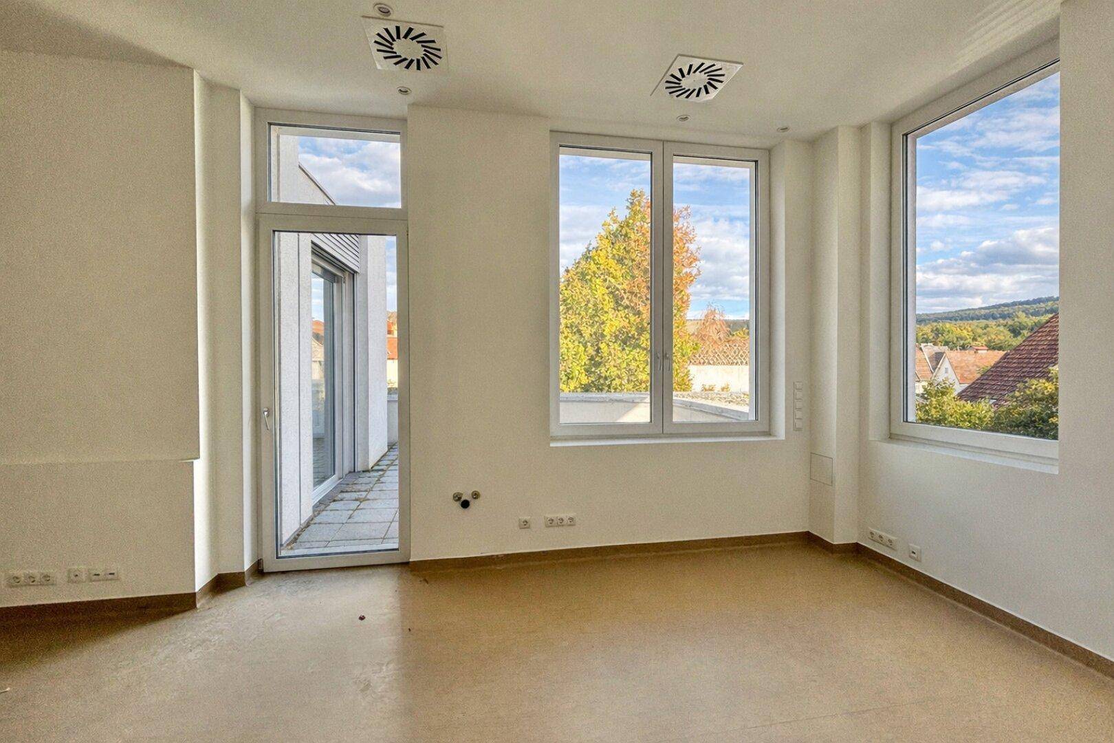 Heller, leerer Raum mit großen Fenstern, die viel Tageslicht hereinlassen und Zugang zu einem Balkon bieten.