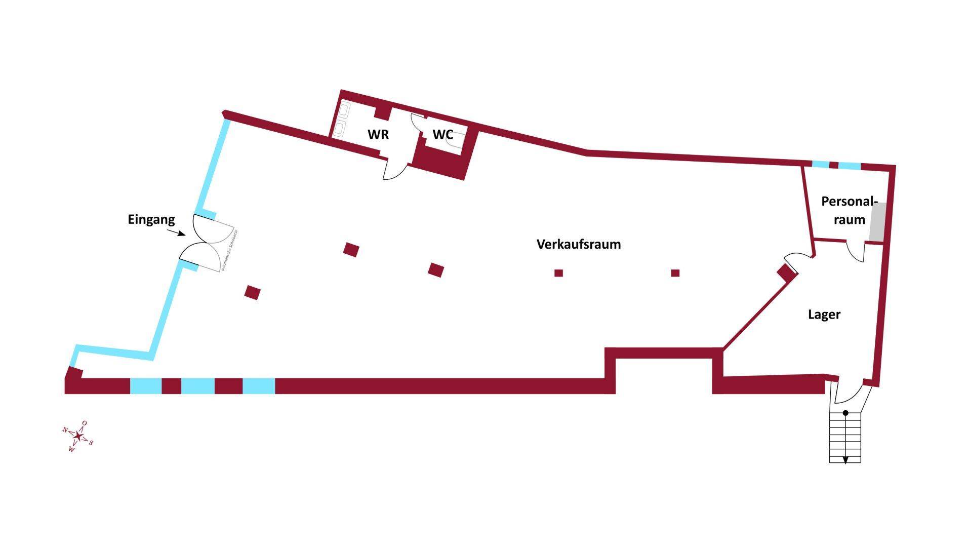 Grundrissplan eines Gewerbeobjekts mit großem Verkaufsraum, Lager, Personalraum und Sanitärbereich.