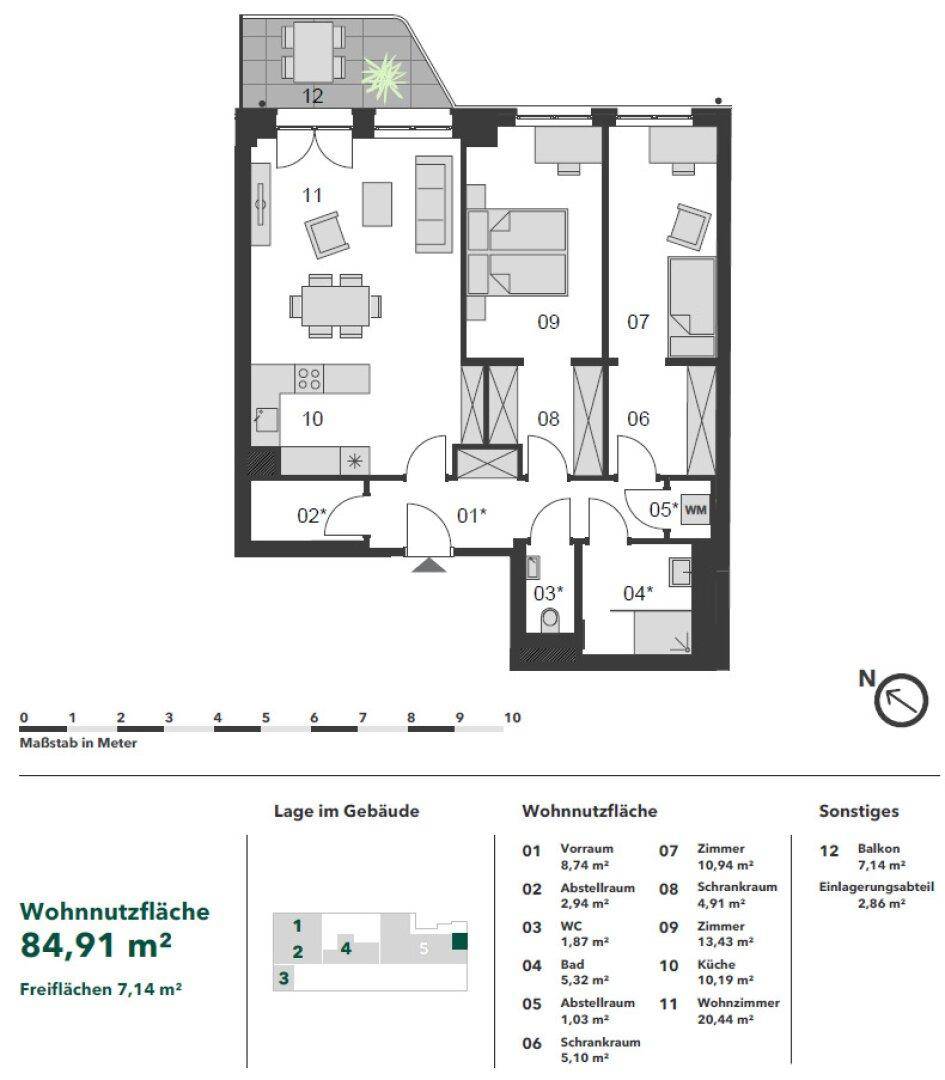Detaillierter Grundrissplan einer Wohnung mit 84,91 m² Wohnfläche und Balkon.