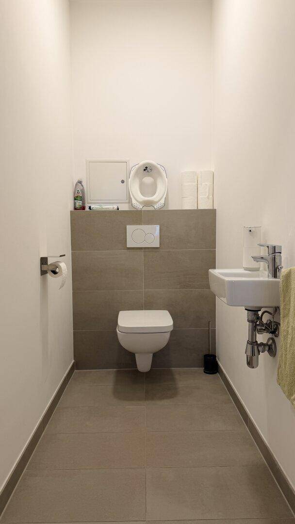 Modernes Gäste-WC mit Wand-WC, kleinem Waschbecken und grauen Fliesen.