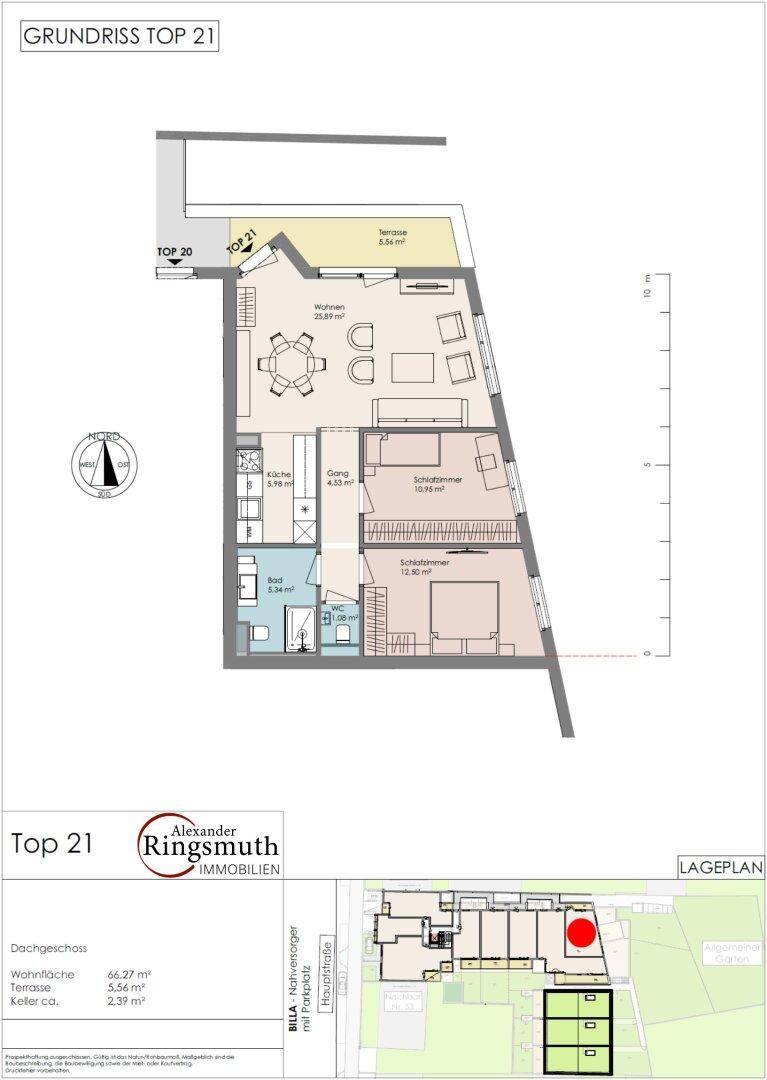 Detaillierter Grundriss der Wohnung Top 21 mit Wohnbereich, Schlafzimmern und Terrasse.