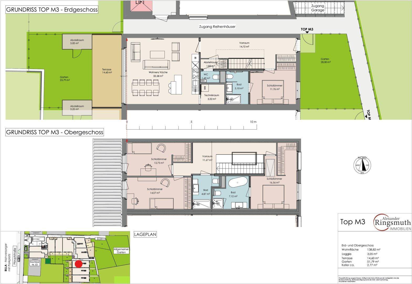 Grundriss für Erdgeschoss und Obergeschoss eines Reihenhauses mit Garten und Balkon.