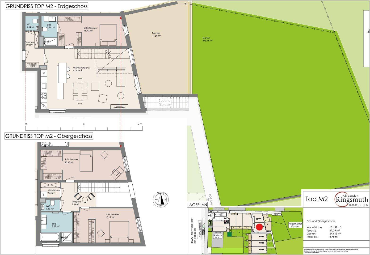 Detaillierter Grundriss des Erd- und Obergeschosses mit Garten und Terrassenflächen.