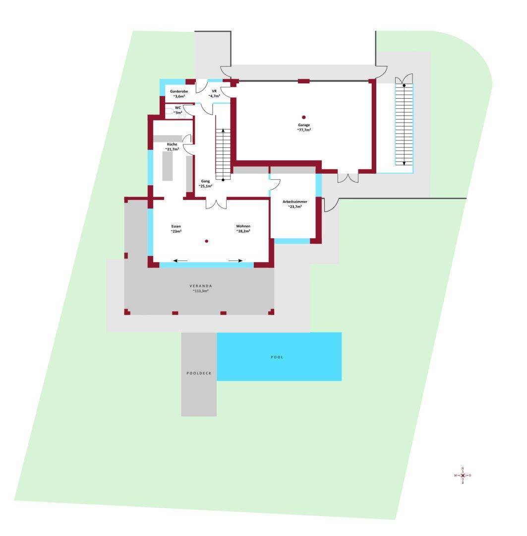 Grundriss des Erdgeschosses mit Garage, Wohnbereich, Veranda und Außenpool.
