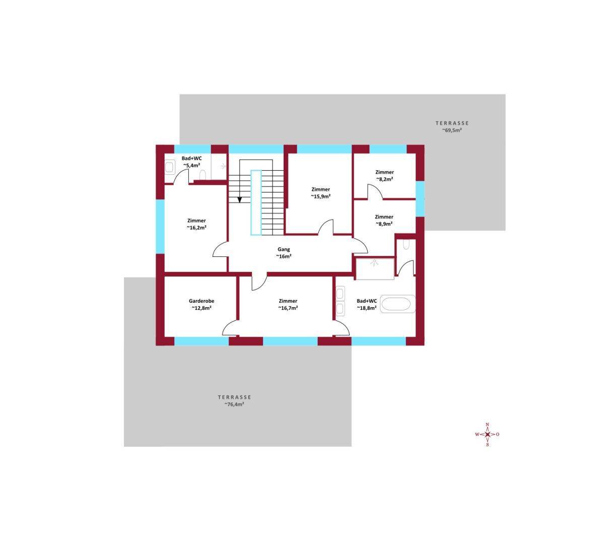 Grundrissplan mit mehreren Zimmern, zwei Badezimmern, einer Garderobe und zwei großen Terrassenbereichen.