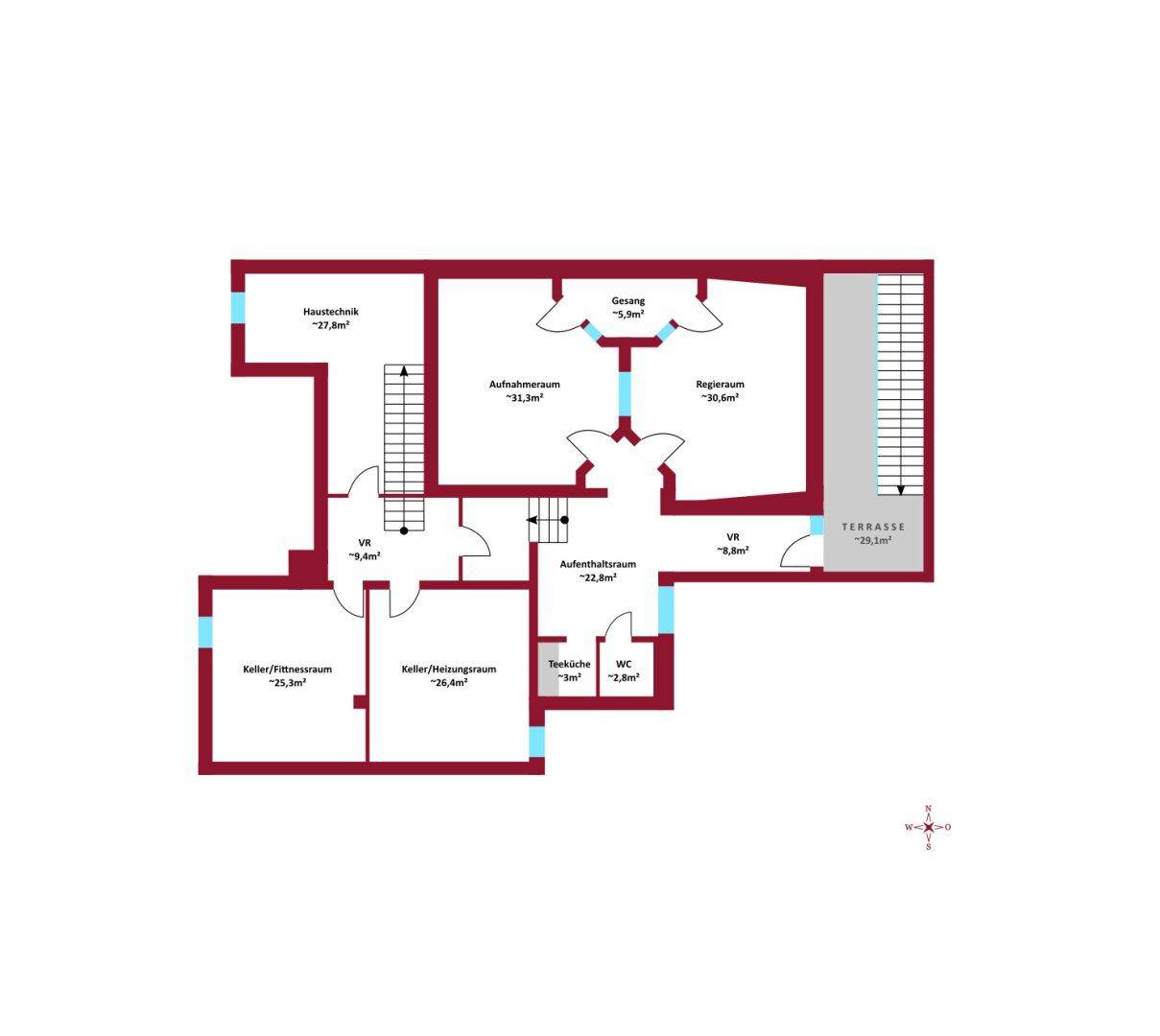 Grundriss des Kellergeschosses mit Technikraum, Fitnessraum und Aufenthaltsbereichen.