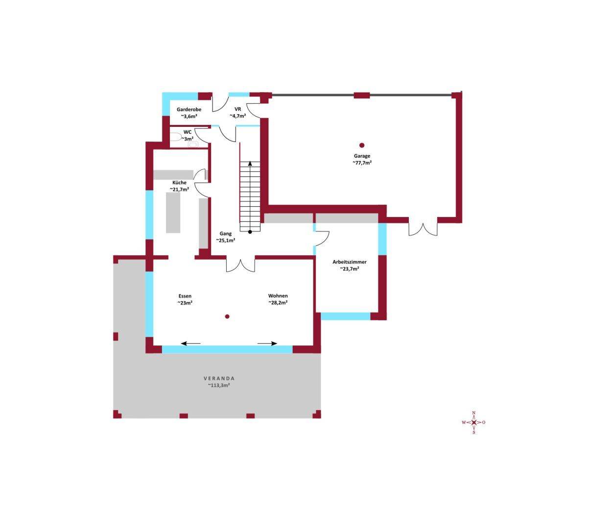 Grundriss des Erdgeschosses mit Garage, Wohn- und Essbereich sowie großer Veranda.