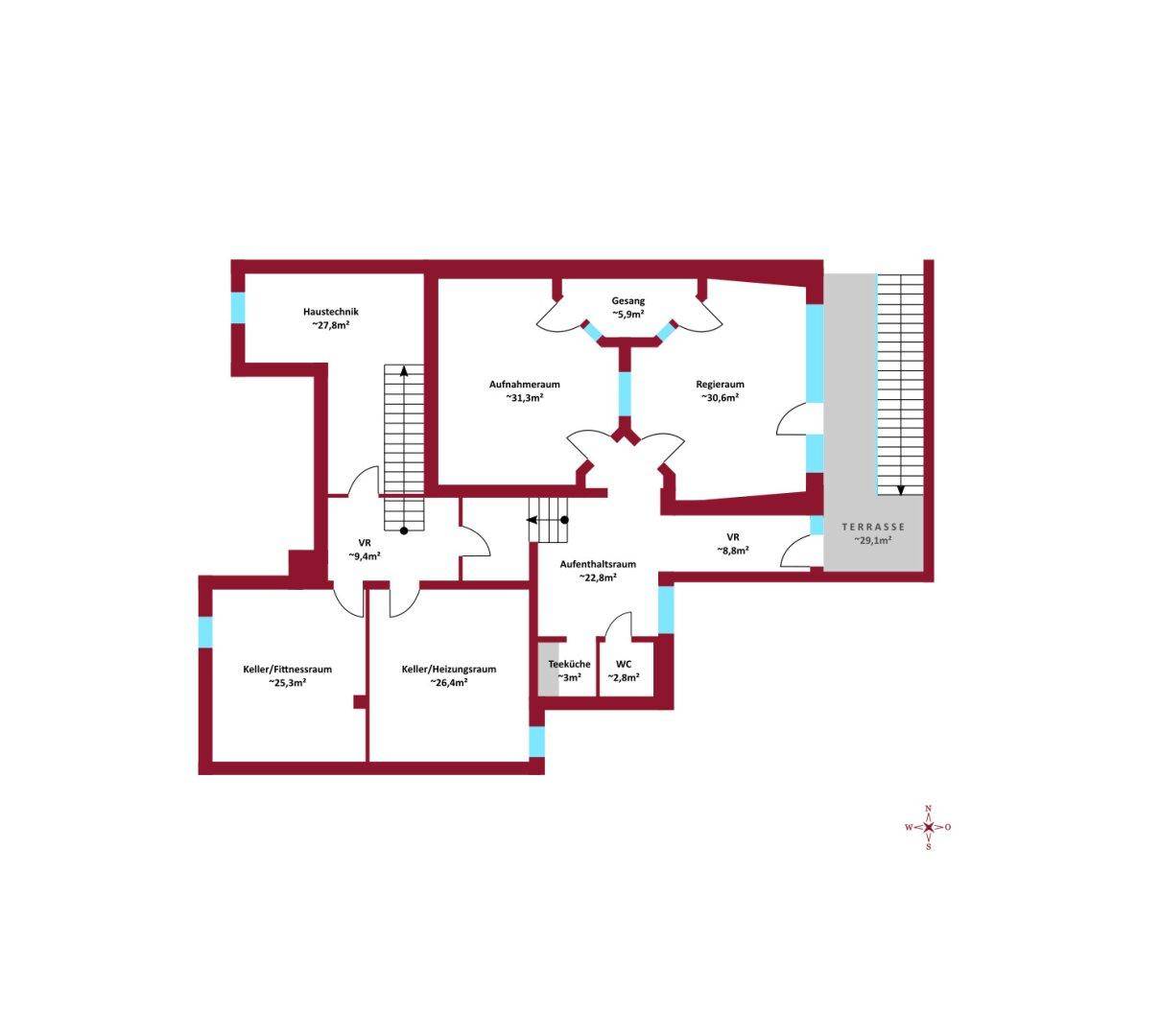 Grundriss des Kellergeschosses mit Technikraum, Fitnessraum und Aufenthaltsbereichen.