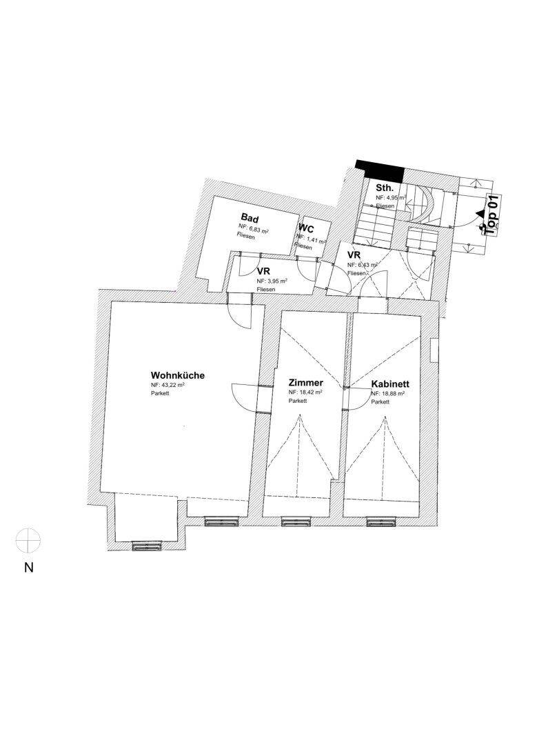 Grundriss von Top 01 mit Wohnküche, zwei Zimmern, Bad und WC im Dachgeschoss.