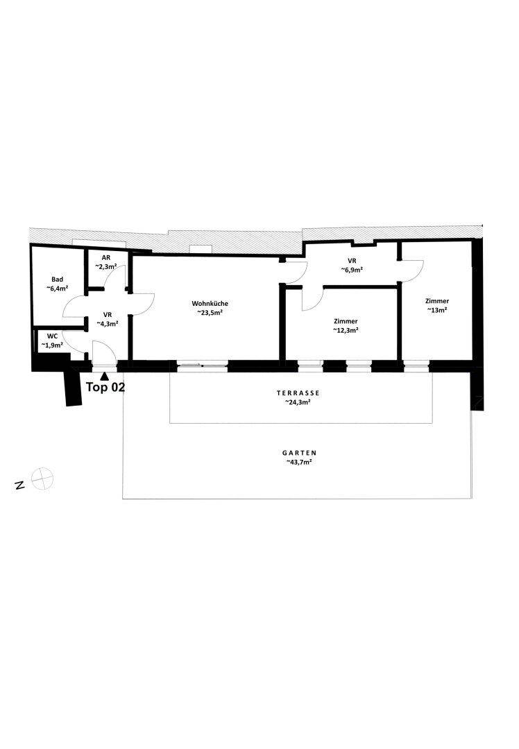 Grundriss von Top 02 mit Wohnküche, zwei Zimmern, Bad, WC, Terrasse und Garten.