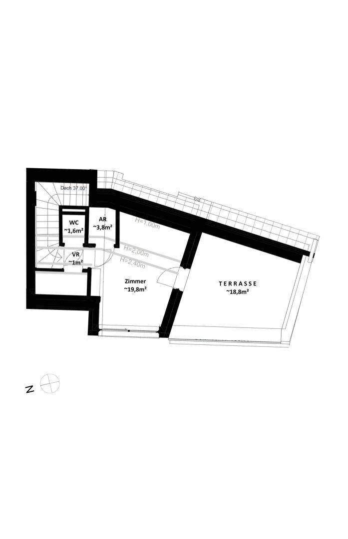 Grundriss mit Zimmer, WC und großer Terrasse, gekennzeichnet durch Dachschrägen.