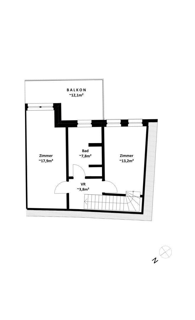 Grundriss mit zwei Zimmern, Bad, WC und Balkon, zugänglich über den Vorraum.