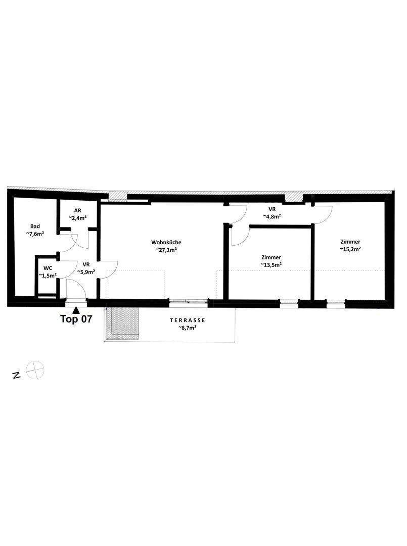 Grundriss von Top 07 mit Wohnküche, zwei Zimmern, Bad, WC und Terrasse.