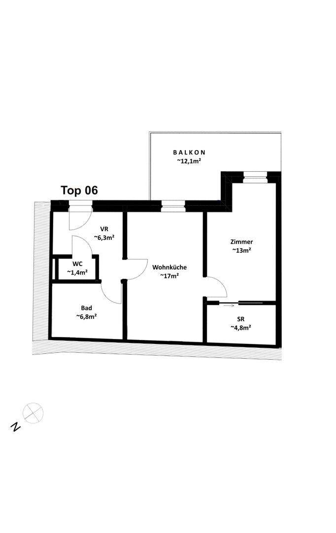 Grundriss von Top 06 mit Wohnküche, Zimmer, Bad, WC, Abstellraum und Balkon.
