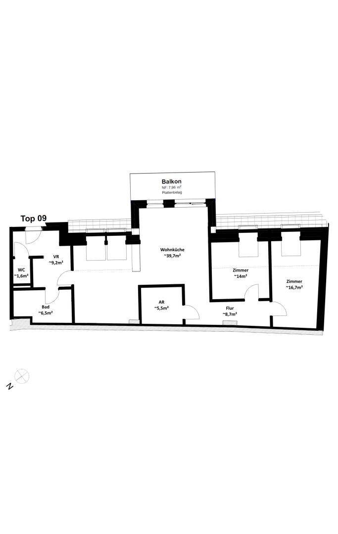 Grundriss von Top 09 mit Wohnküche, zwei Zimmern, Bad, WC und Balkon.