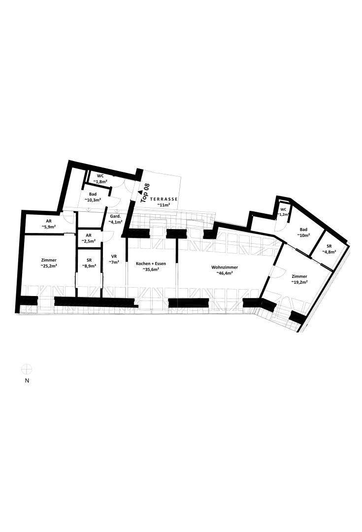 Grundriss von Top 08 mit offener Küche, Wohnzimmer, zwei Zimmern, zwei Bädern und Terrasse.