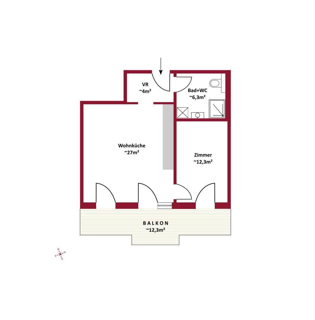 Grundriss der Wohnung mit Wohnküche, Zimmer, Bad und Balkon.