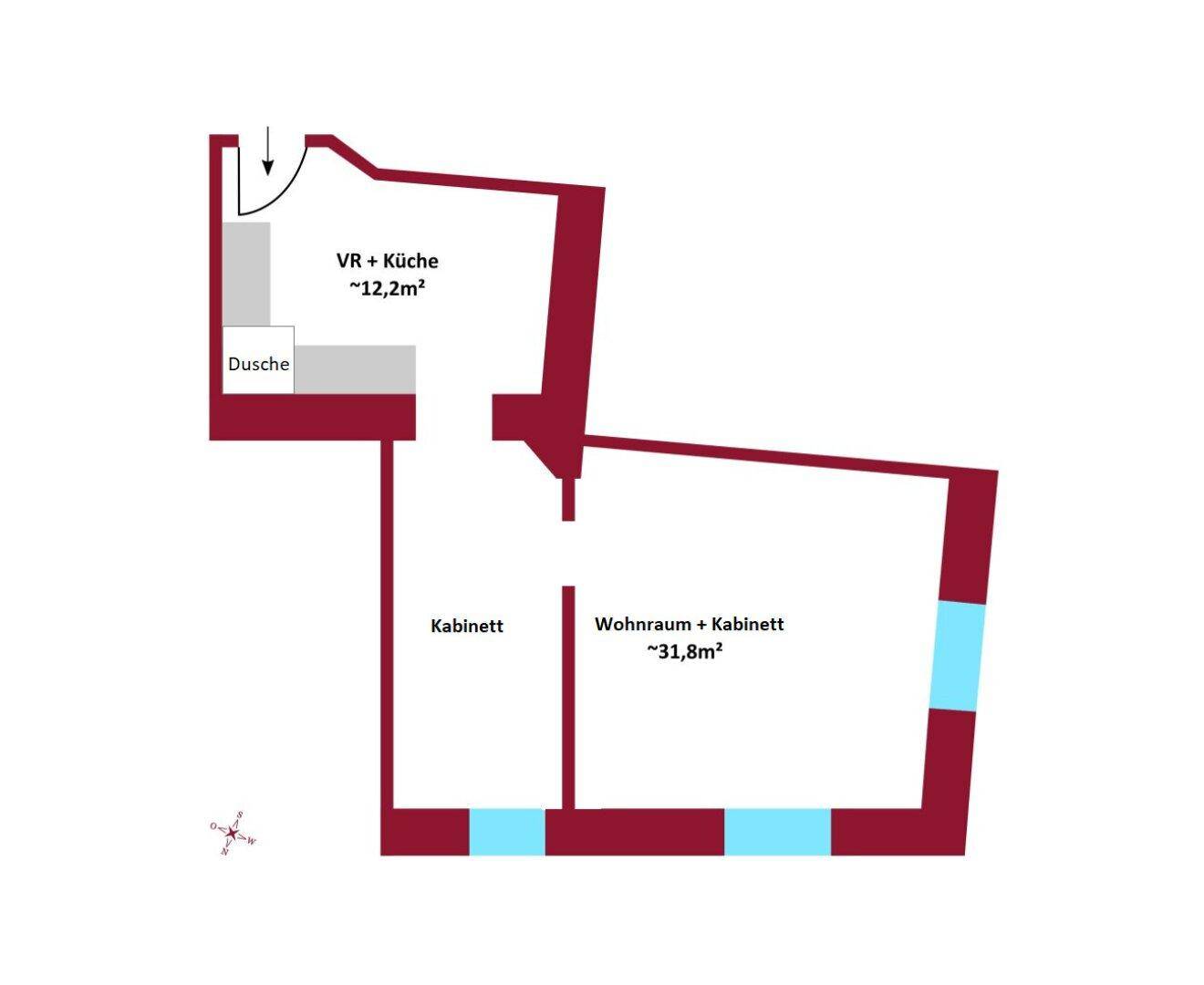 Grundriss einer kompakten Wohnung mit offenem Wohnbereich, Küche und separaten Zimmern.