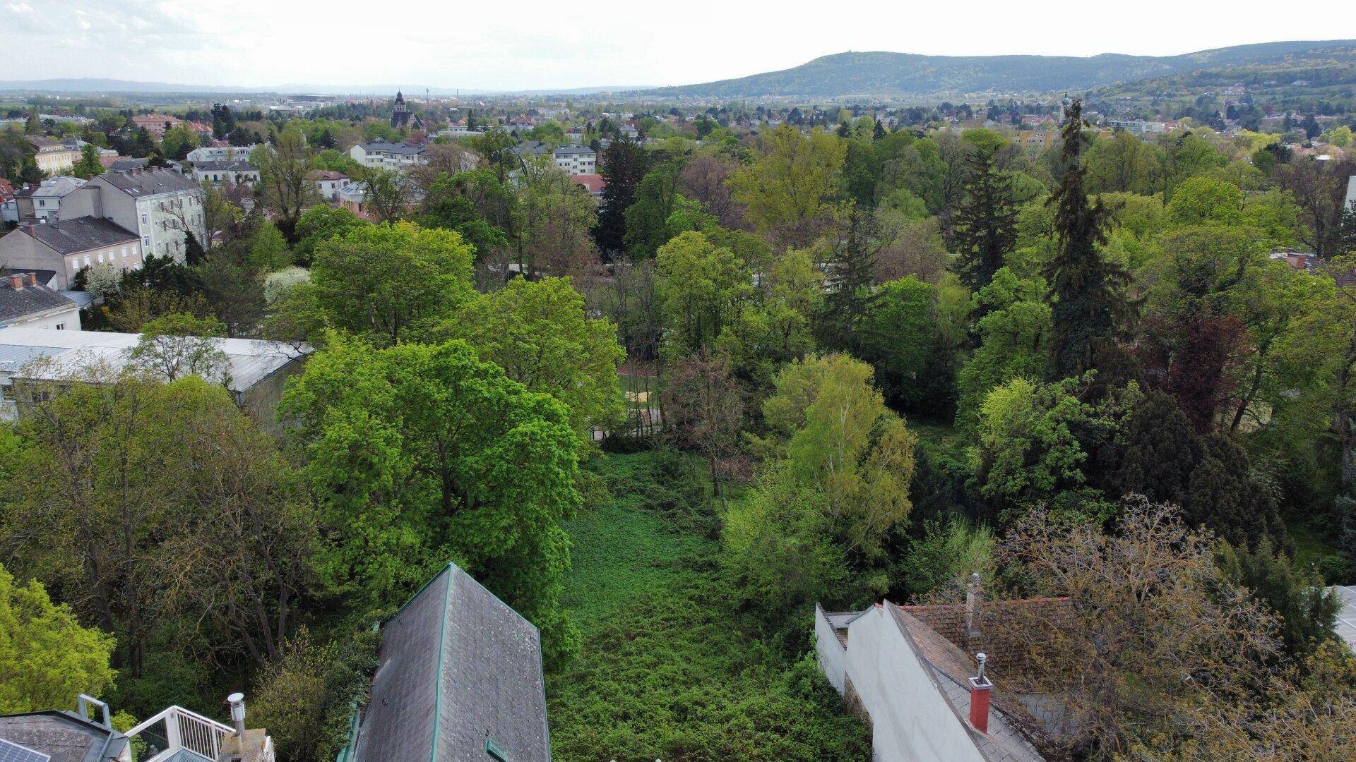 Weitläufige Grünfläche umgeben von Gebäuden, mit einer Stadtlandschaft im Hintergrund.