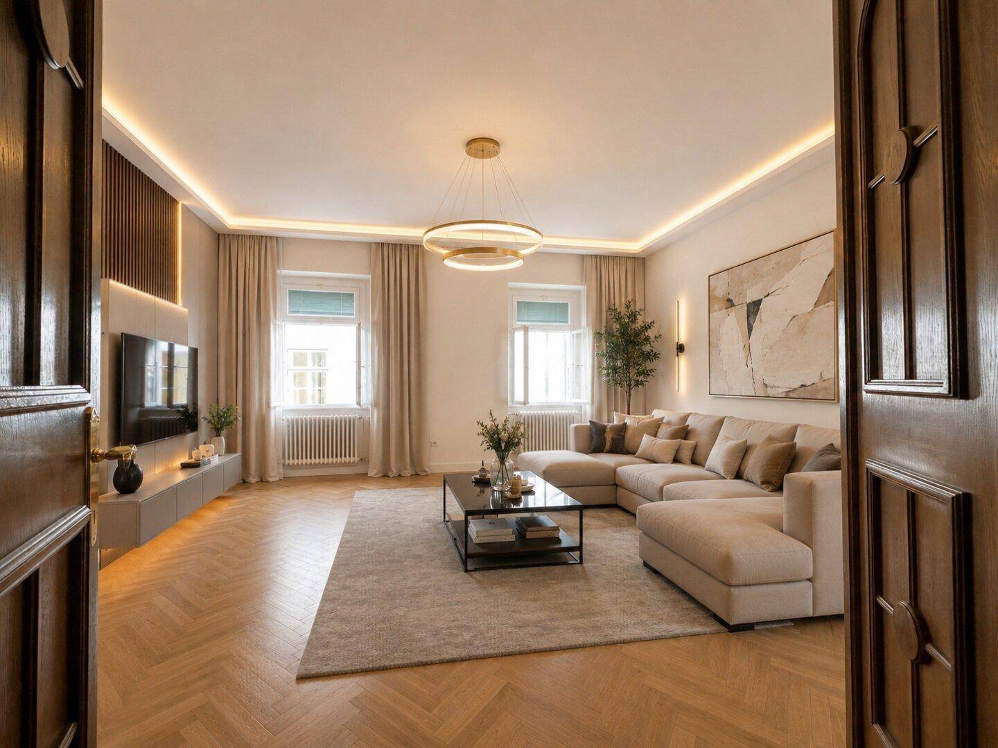 Modernes Wohnzimmer mit Fischgrätparkett, beiger Eckcouch und indirekter Beleuchtung.