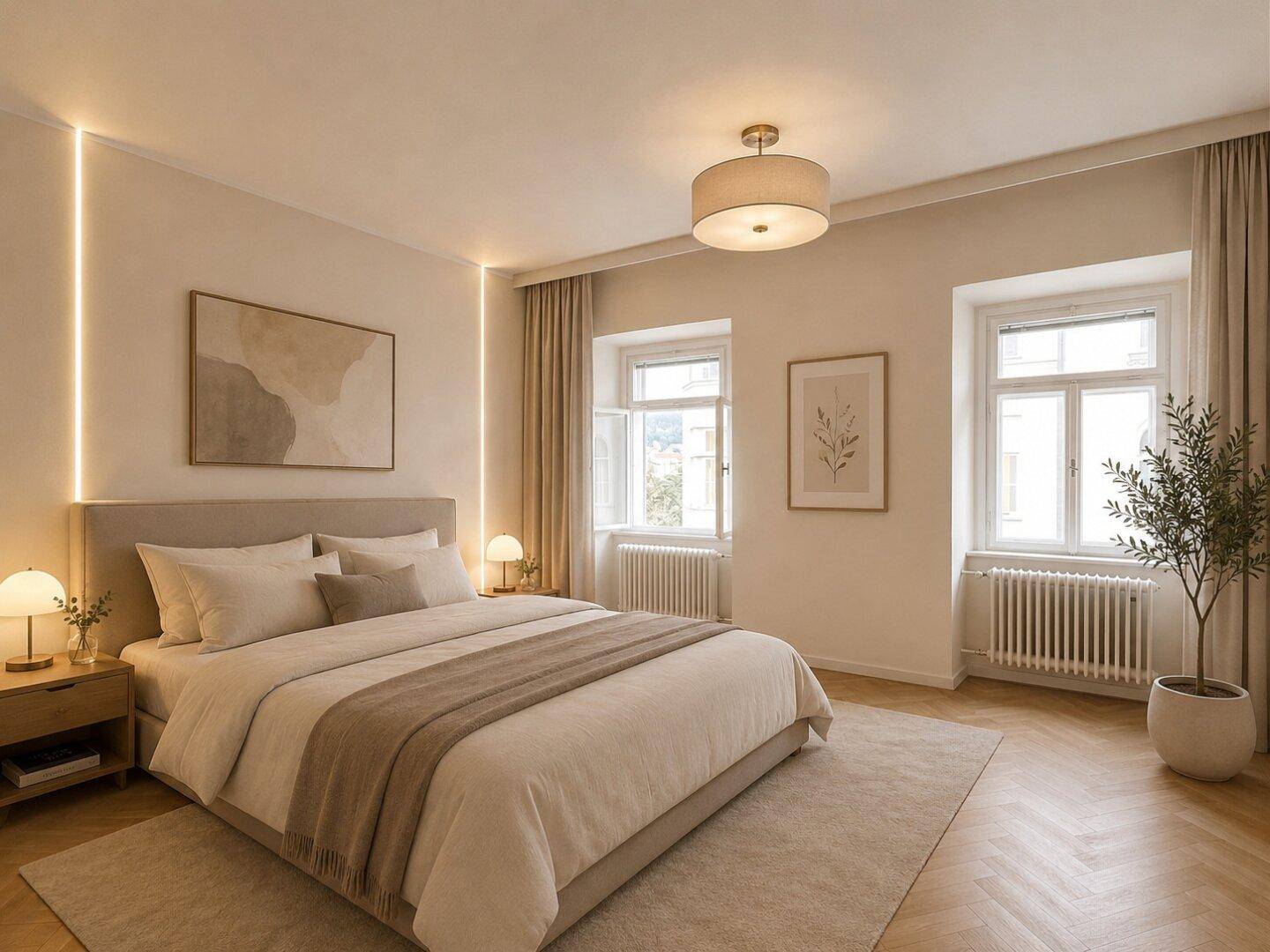 Helles Schlafzimmer mit Doppelbett, Fischgrätparkett und indirekter Beleuchtung.