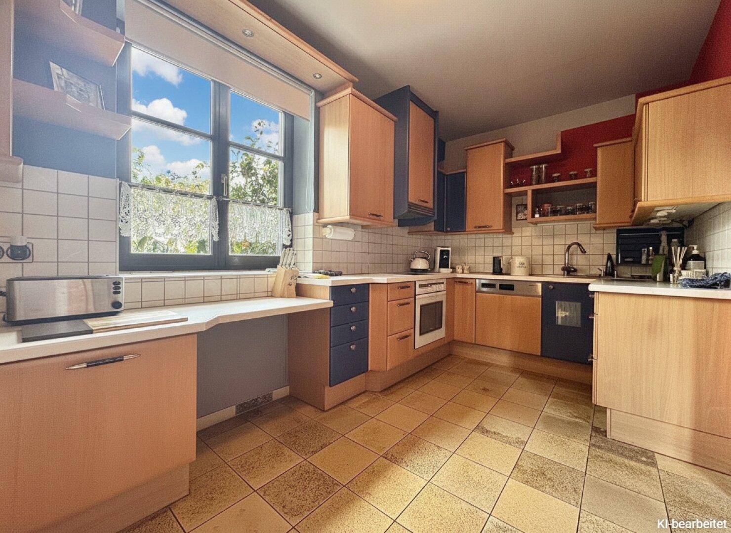 Funktionale Küche mit Holzschränken, Fliesenboden und Fenster mit Gartenblick.