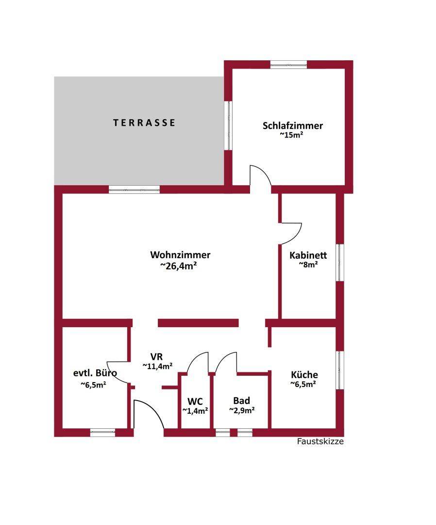 Grundriss mit Terrasse, Schlafzimmer, Wohnzimmer, Küche, Bad und separatem WC.