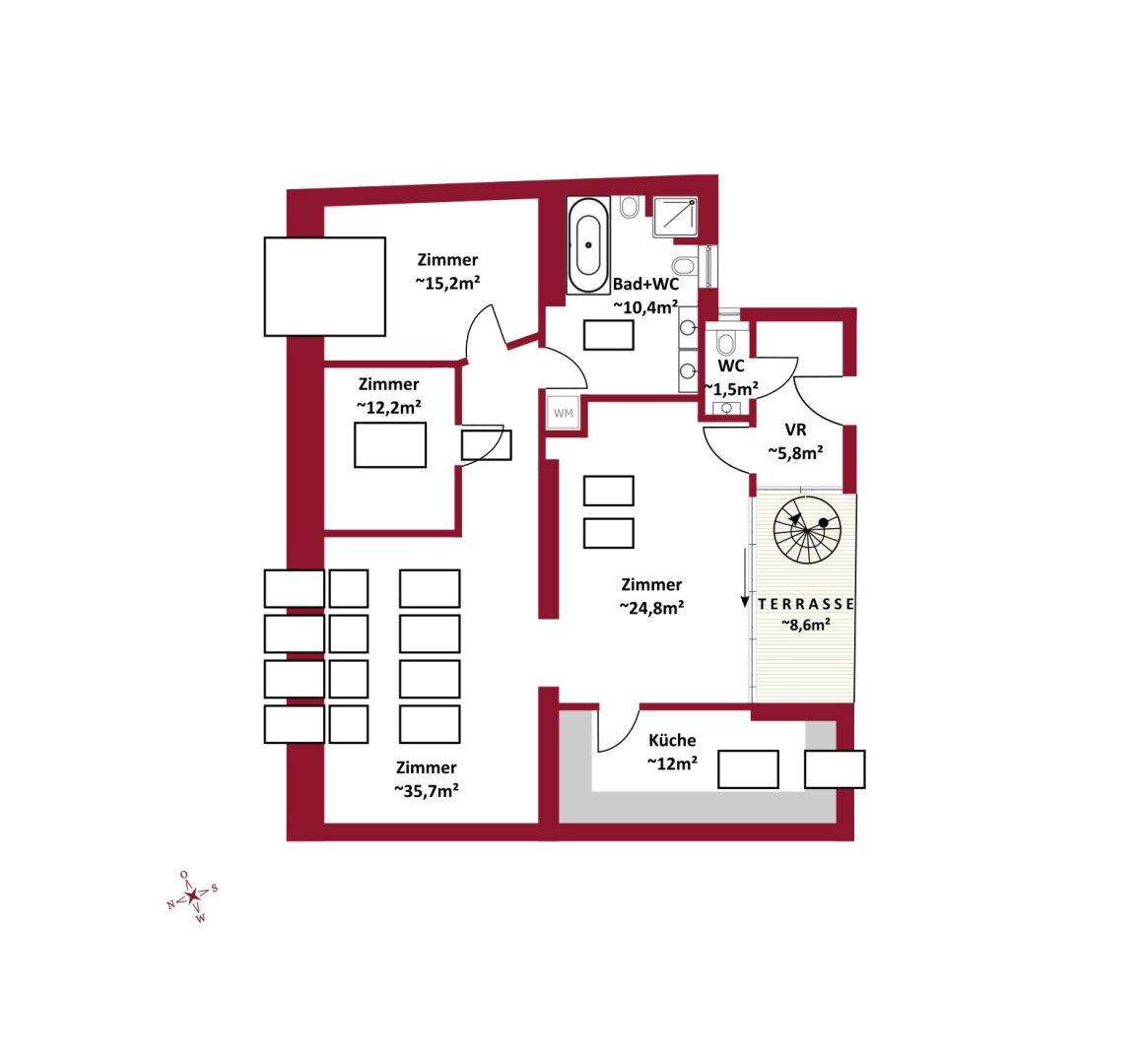 Grundriss einer Wohnung mit mehreren Zimmern, Bad, WC, Küche und einer Terrasse.