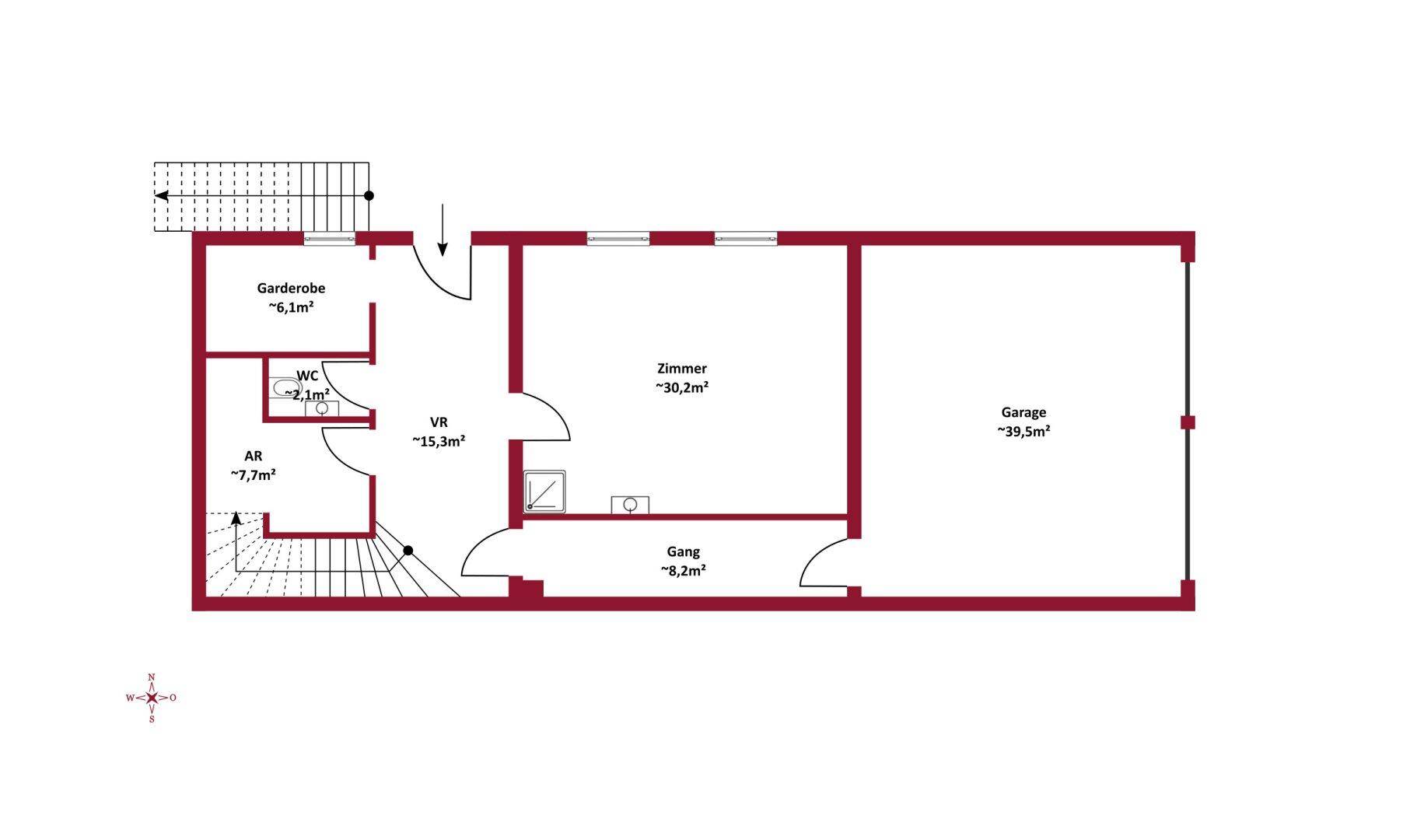 Grundriss des Erdgeschosses mit Garage, Zimmer, WC und Garderobenbereich.